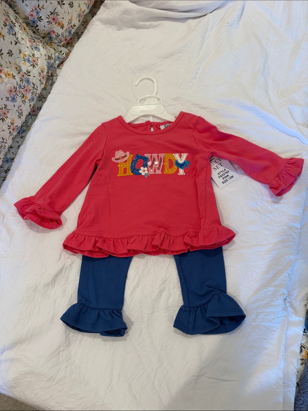 Girls Pink 'Howdy' Ruffle Top & Navy Ruffle Leggings Set by